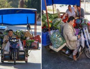 Yürüme engelli ‘şekerci amca’, motosikletiyle sebze meyve satıyor
