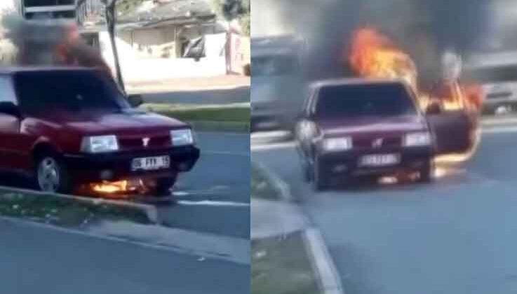 Antalya’da hareket halinde dumanların çıktığı otomobil alevlere teslim oldu