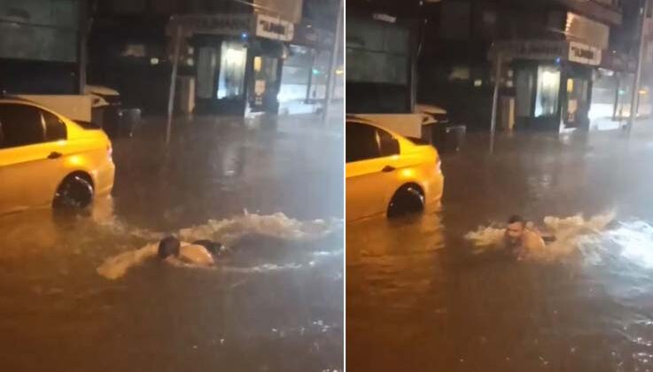 Antalya’da yollar göle döndü, bir vatandaş araçlar arasında yüzdü