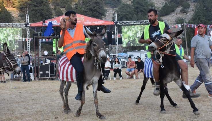 Eşek üzerinde ellerindeki topla gol atmak için çabaladılar