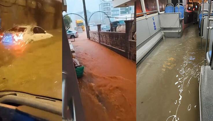 Antalya yağmura teslim: Göle dönen yolda halk otobüsünü su bastı