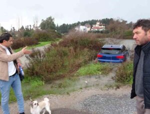 Havlayan köpeği dikkatini dağıtınca şarampole uçarak suya daldı