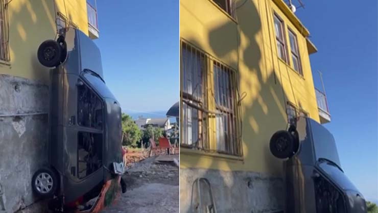 Kazaya karışan aracını iple binadan aşağıya sarkıttı