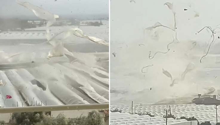 Demre’de hortumun seraları yerle bir ettiği anlar kamerada