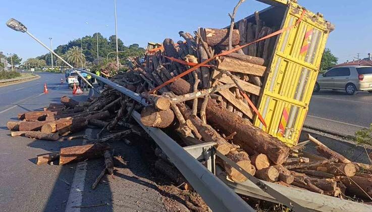 Tomruk yüklü kamyon bariyerleri aşıp refüje devrildi